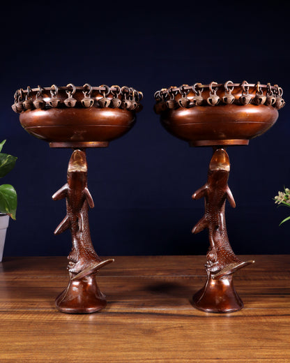 Pair of Designer Brass Jumping Dolphin Urli Bowls with Ghungroos | Festive Décor & Auspicious Gifting