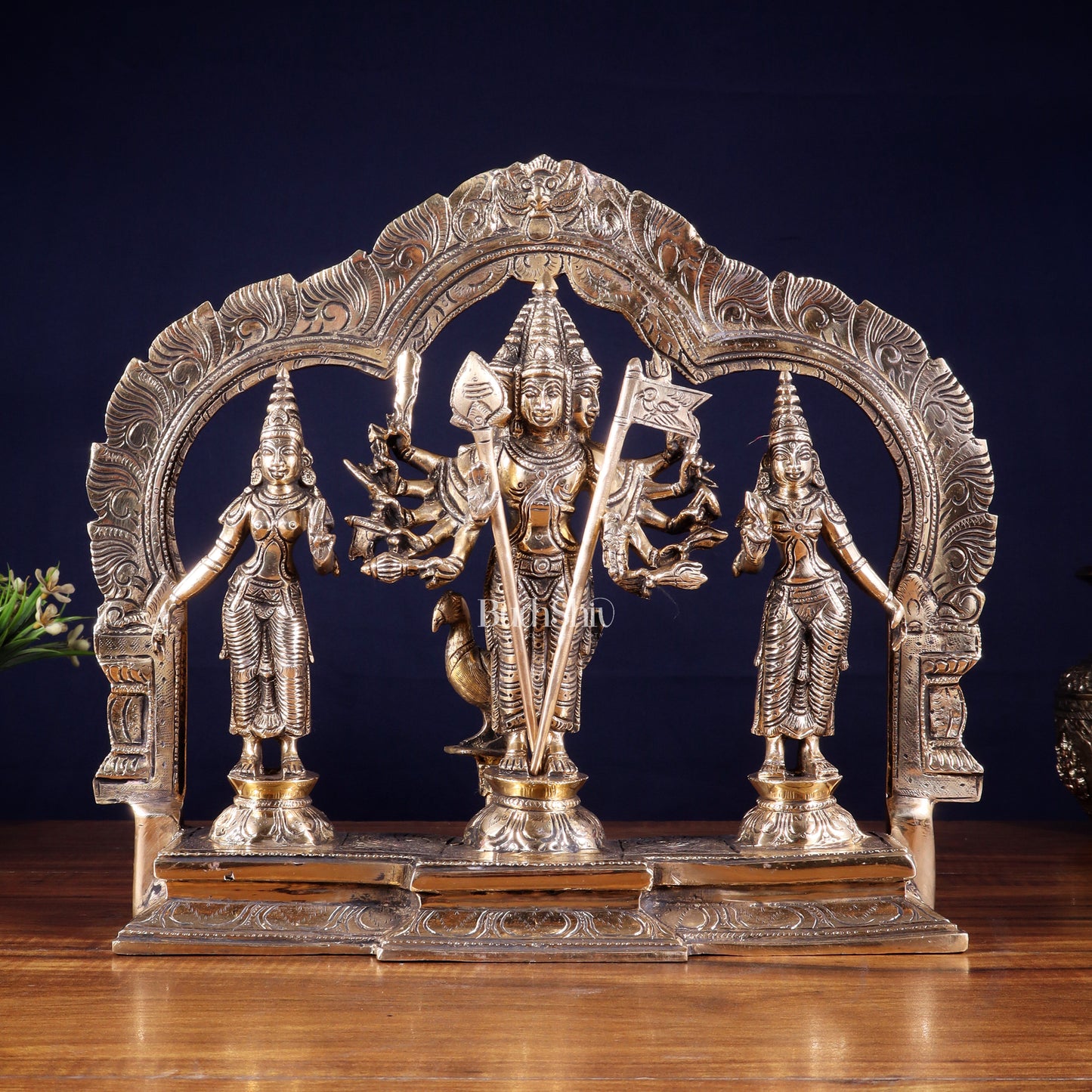 Pure Brass Lord Murugan with Valli & Devasena Idol | Intricately Crafted Shan Murugan Statue 12 inch