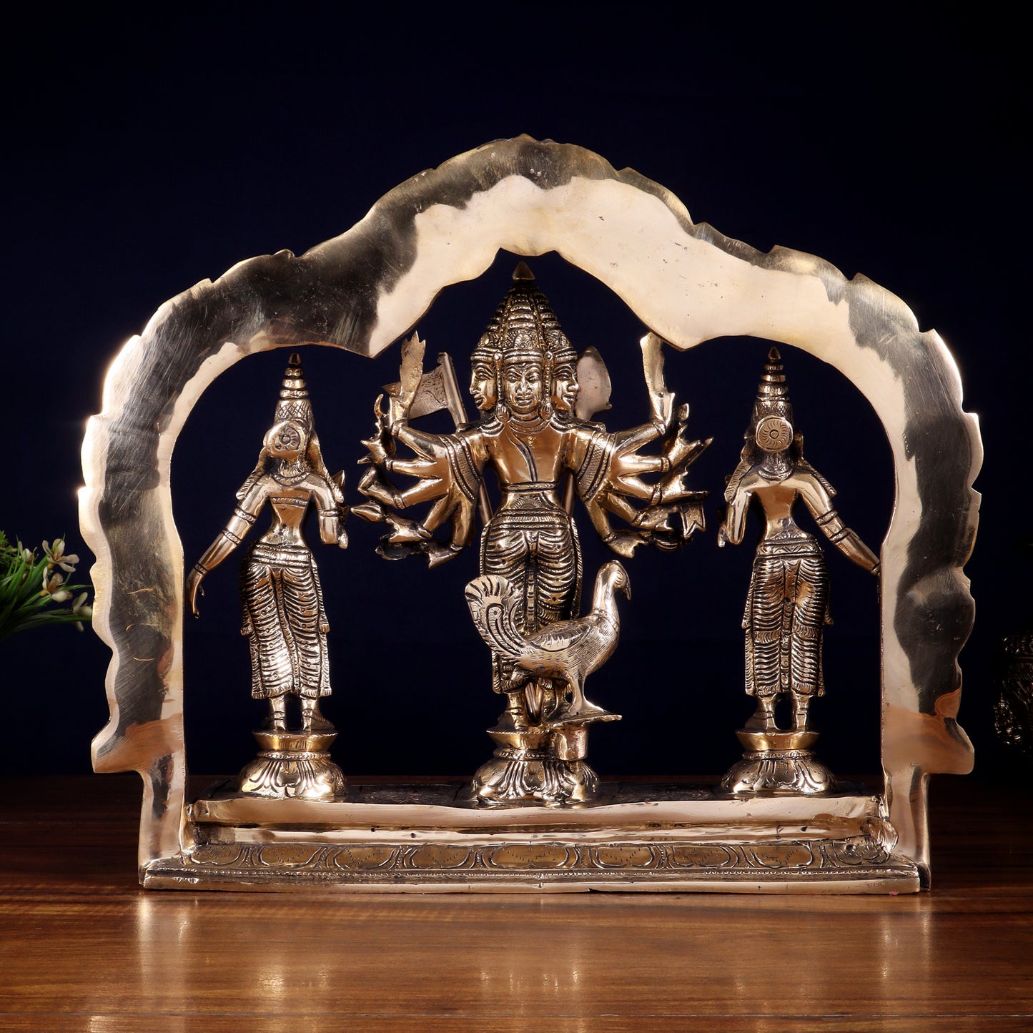 Pure Brass Lord Murugan with Valli & Devasena Idol | Intricately Crafted Shan Murugan Statue 12 inch