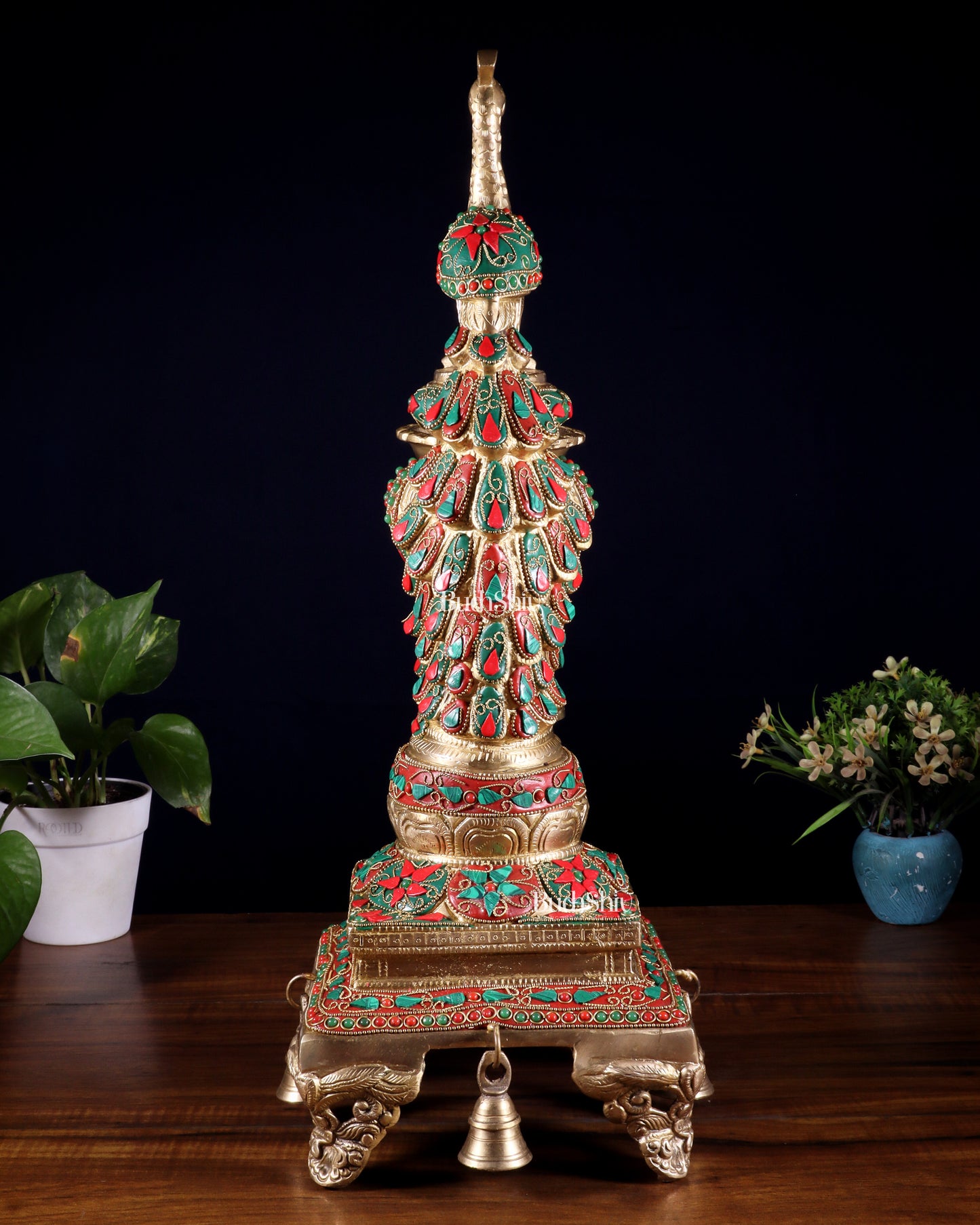 Brass Large Peacock Diya with Meenakari Stonework | 19-Inch Traditional Oil Lamp