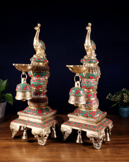 Brass Large Peacock Diya with Meenakari Stonework | 19-Inch Traditional Oil Lamp pair