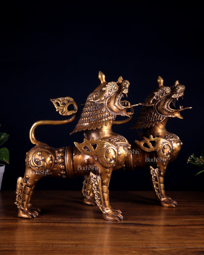 Pair of Vintage Brass Tibetan Snow Lion Statues 14.5 inch