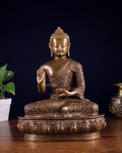 Pure Brass Antique Buddha Blessing Statue - 13.5" thick Copper tone