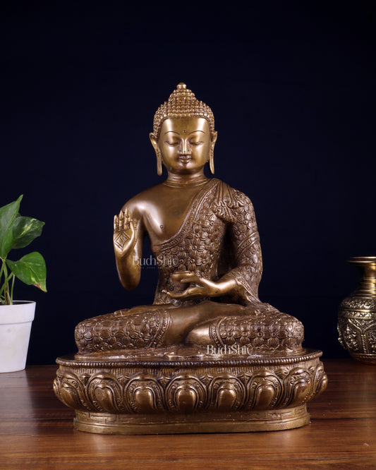 Pure Brass Antique Buddha Blessing Statue - 13.5" thick Copper tone
