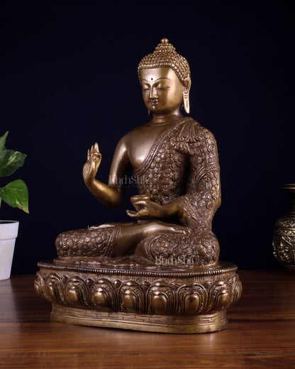 Pure Brass Antique Buddha Blessing Statue - 13.5" thick Copper tone