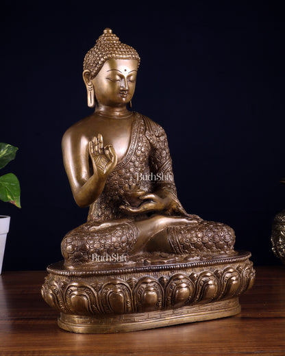 Pure Brass Antique Buddha Blessing Statue - 13.5" thick Copper tone