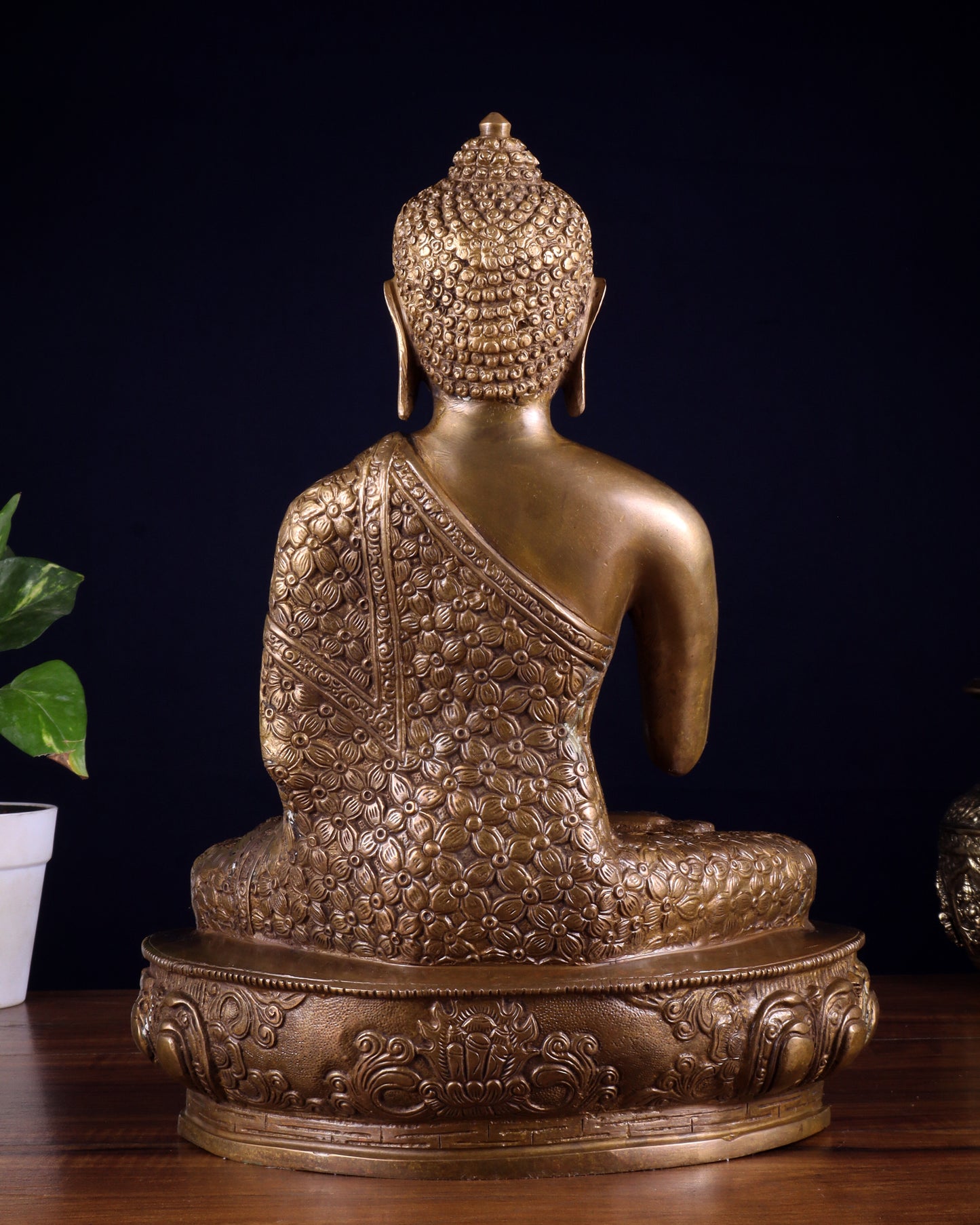 Pure Brass Antique Buddha Blessing Statue - 13.5" thick Copper tone