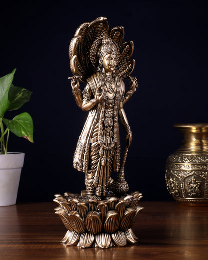 Pure Brass Lord Vishnu Standing with Sheshanaag – Superfine Carvings 11.5 inch