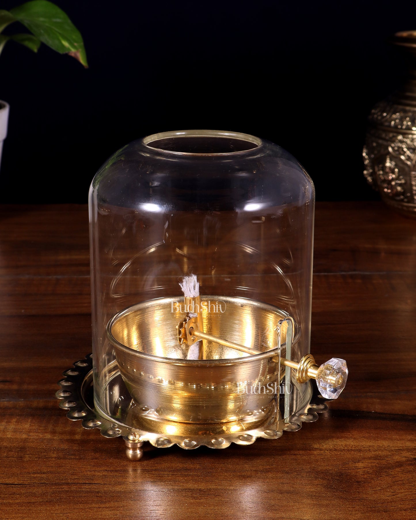 Pure Brass Akhand Diya with Glass Cover & Adjustable Baati