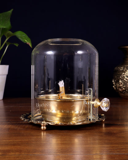 Pure Brass Akhand Diya with Glass Cover & Adjustable Baati