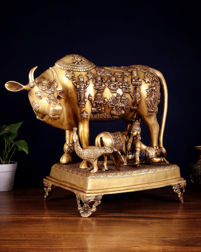 Brass Kamdhenu cow with calf idol large 20 inch