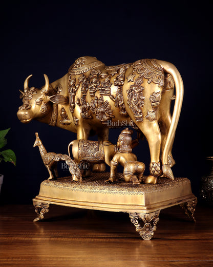 Brass Kamdhenu cow with calf idol large 20 inch