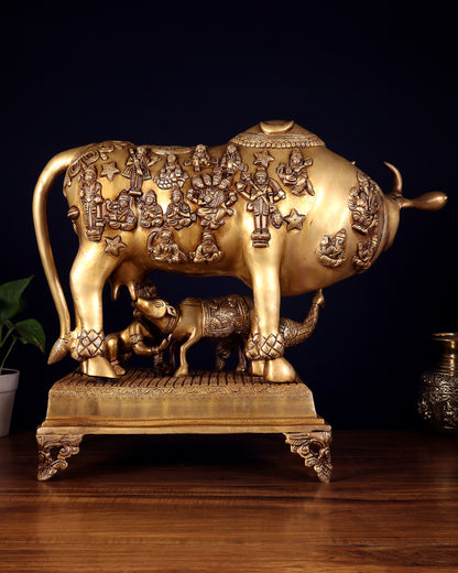 Brass Kamdhenu cow with calf idol large 20 inch