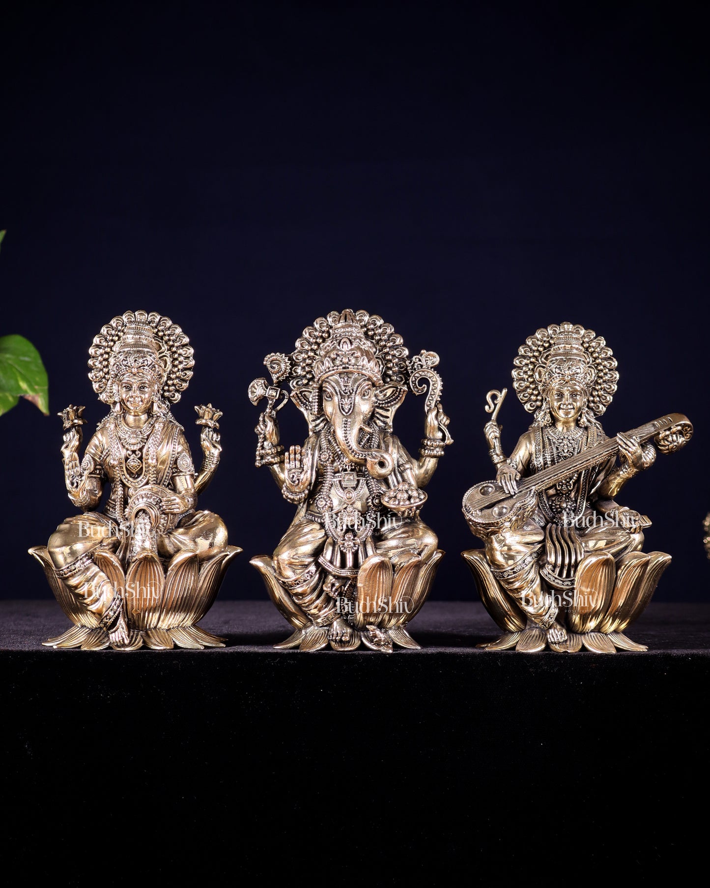 Pure Brass Superfine Ganesha Lakshmi Saraswati Idol Set – Available in 4, 6 & 8 Inches