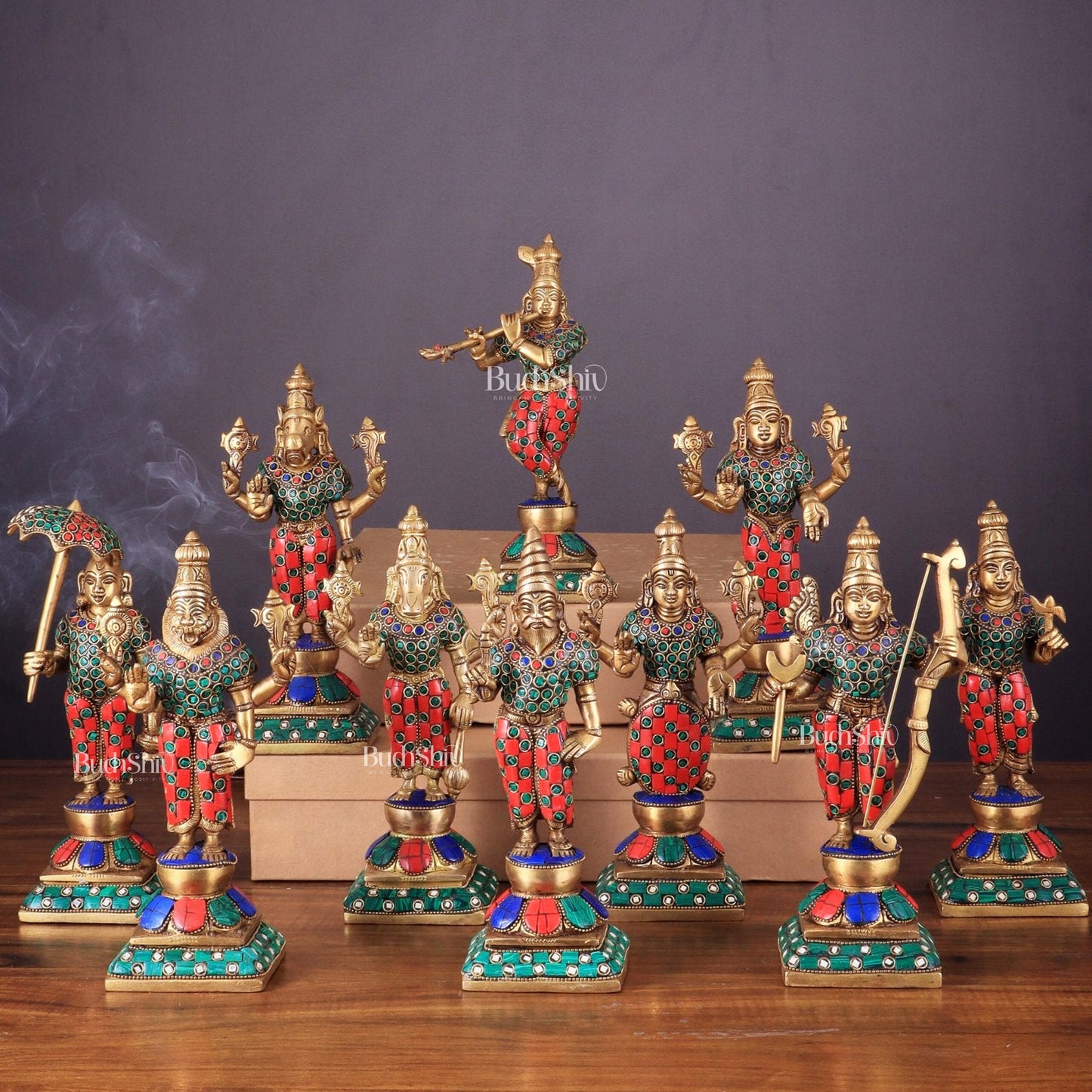 Brass Vishnu Dashavatar idols set 10 inch with Stonework