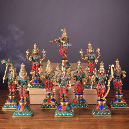 Brass Vishnu Dashavatar idols set 10 inch with Stonework