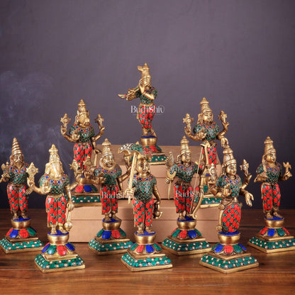 Brass Vishnu Dashavatar idols set 10 inch with Stonework