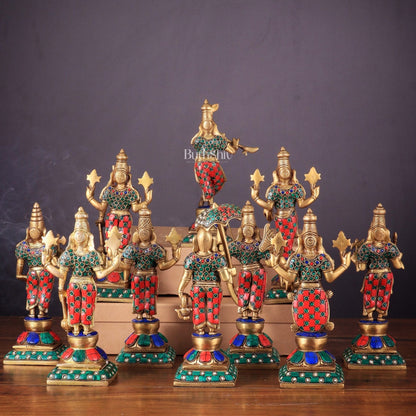 Brass Vishnu Dashavatar idols set 10 inch with Stonework