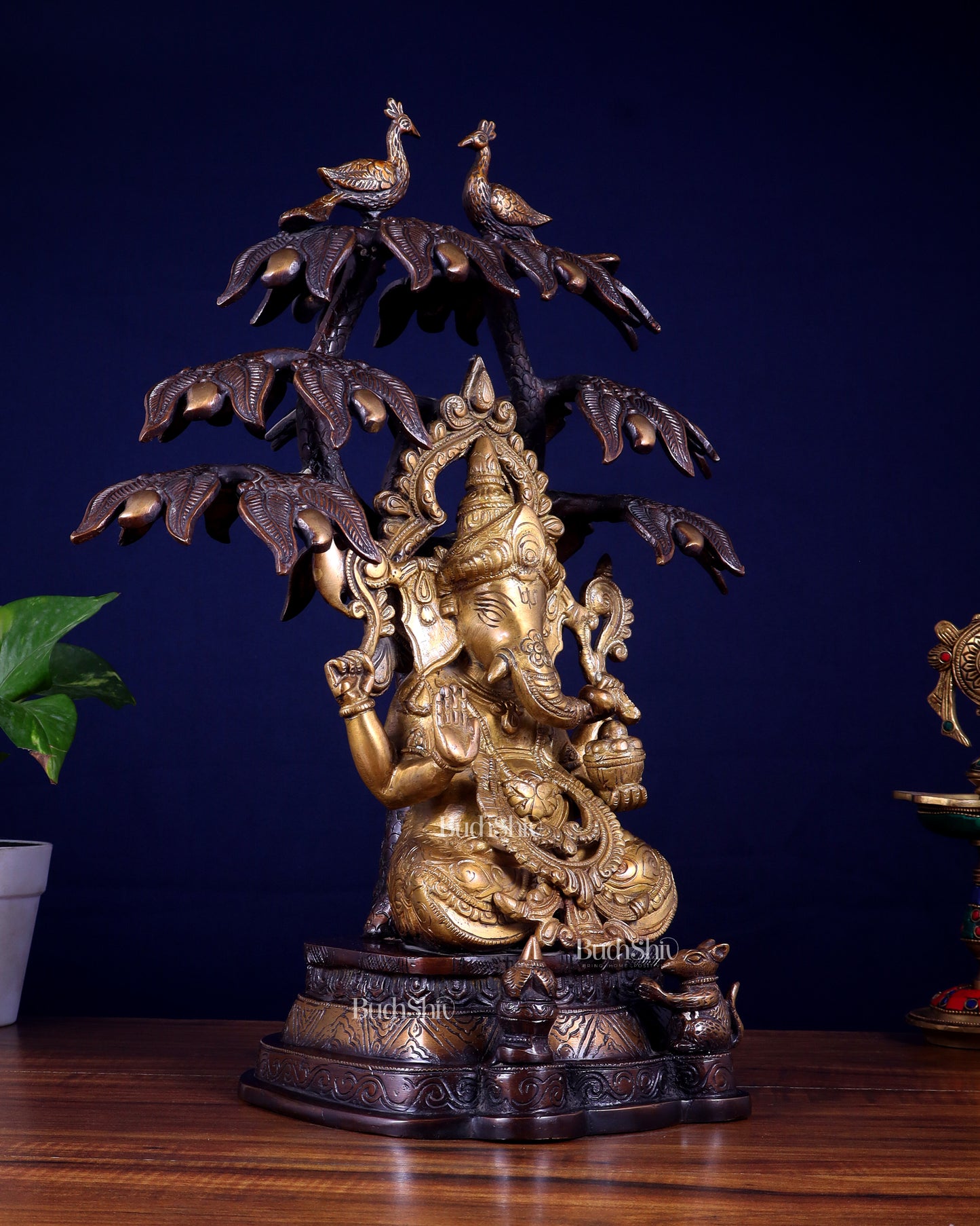 Superfine Brass Ganesha Statue Under Mango Tree | Height 17 inch