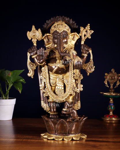 Pure Brass Standing Ganesha on Lotus Pedestal – South Indian Copper & Gold Tone Finish