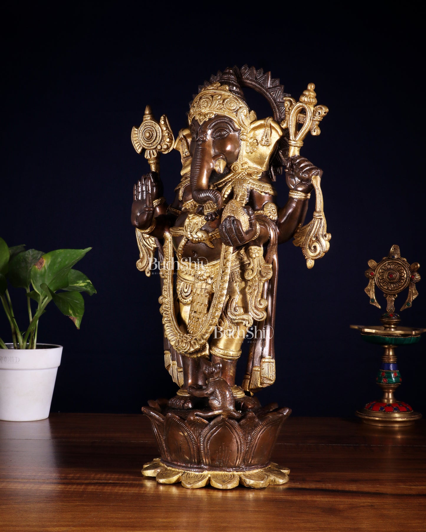Pure Brass Standing Ganesha on Lotus Pedestal – South Indian Copper & Gold Tone Finish