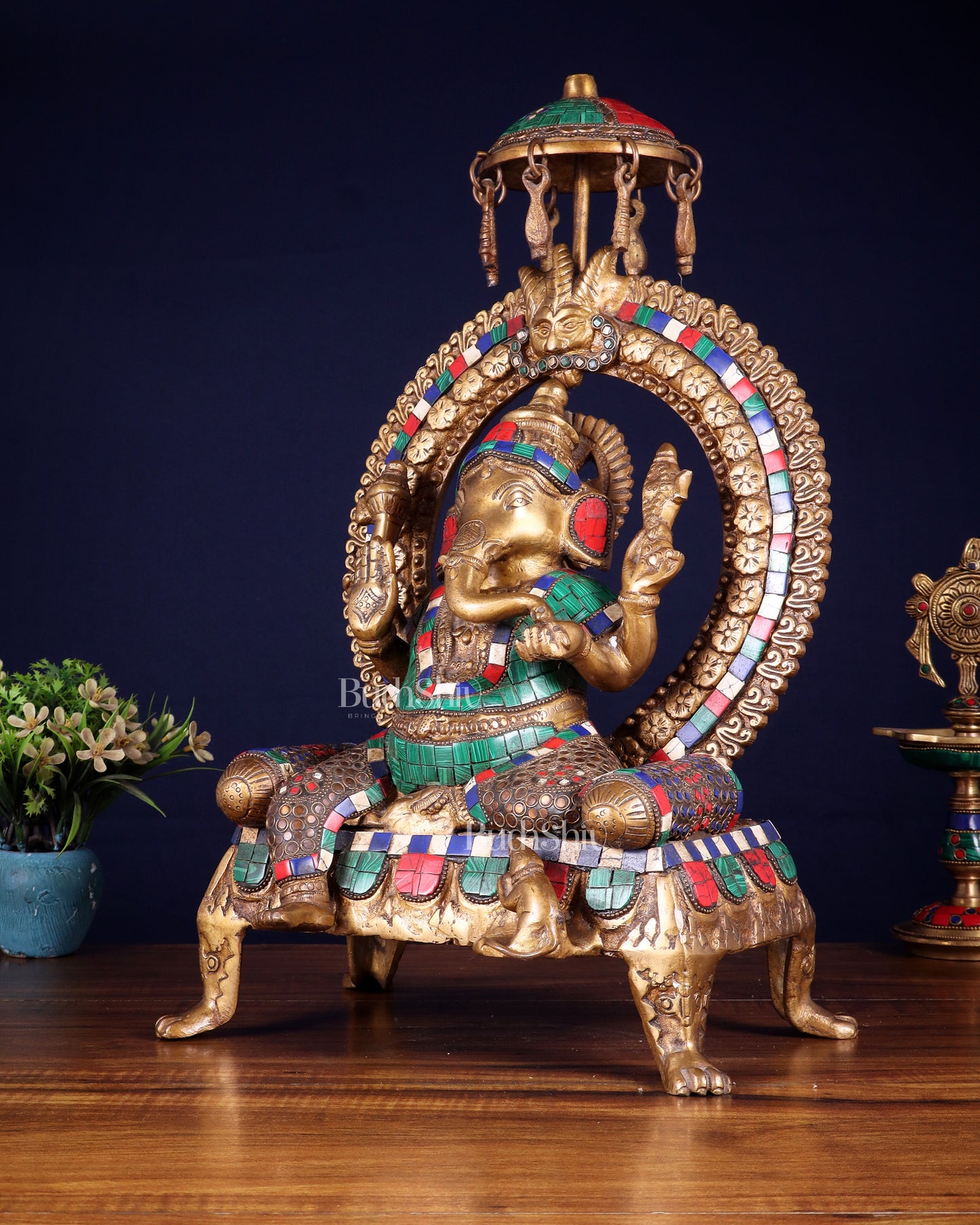 Brass Ganesha Statue with Natural Stone Embellishments - 17.5" Height