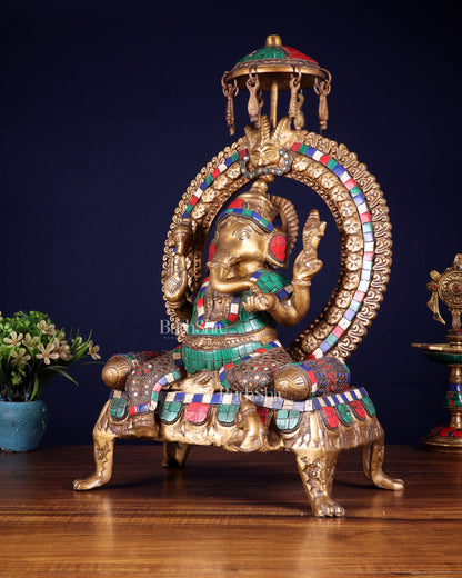 Brass Ganesha Statue with Natural Stone Embellishments - 17.5" Height