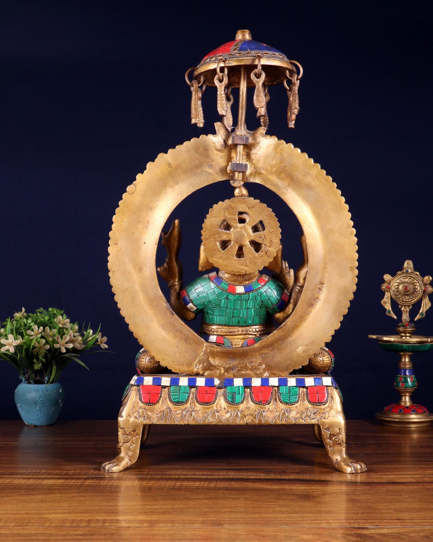 Brass Ganesha Statue with Natural Stone Embellishments - 17.5" Height