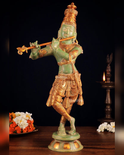 Pure Brass Lord Krishna Statue - green patina , 23 Inches