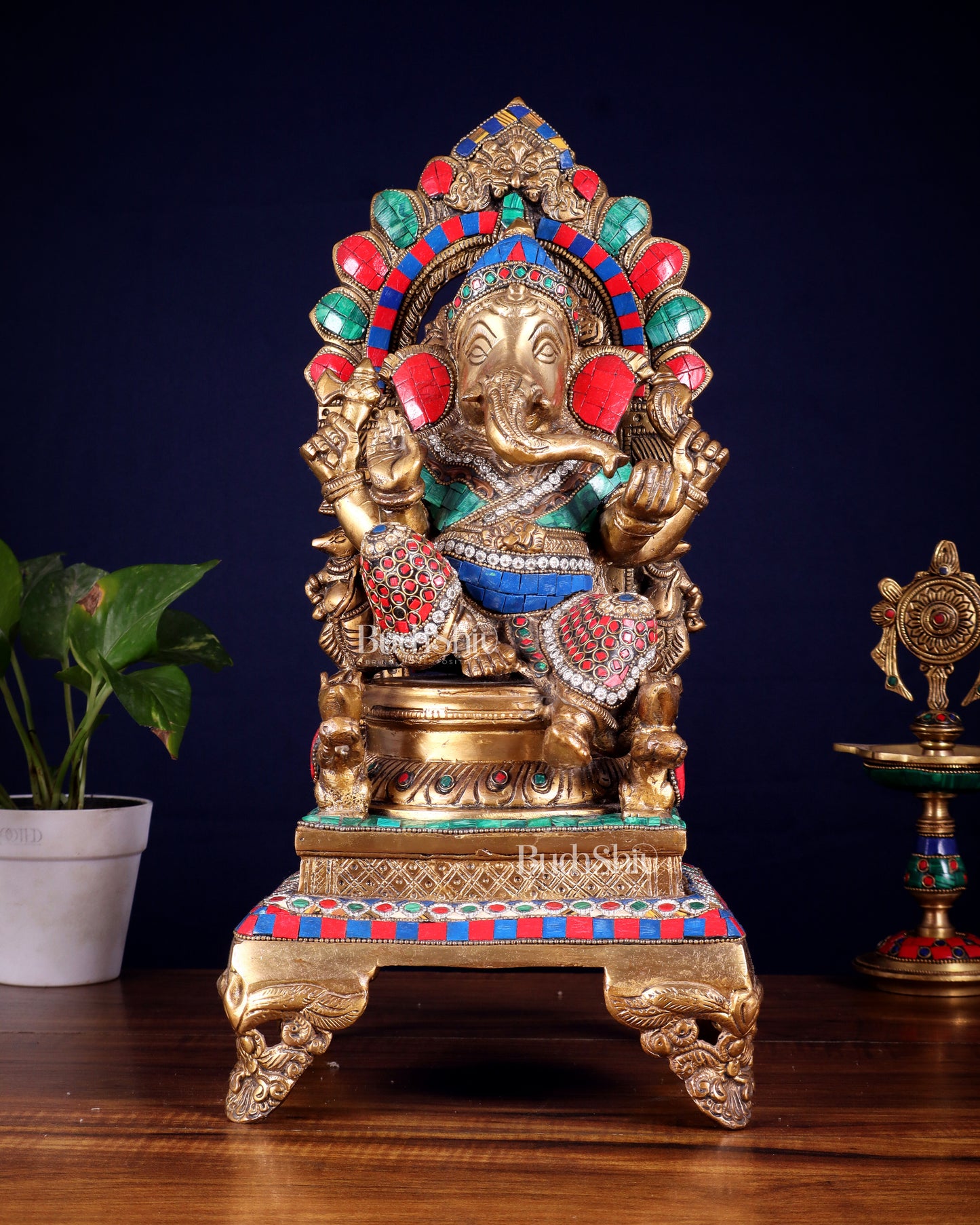 Brass Ganapati Statue on Throne - 17 inch