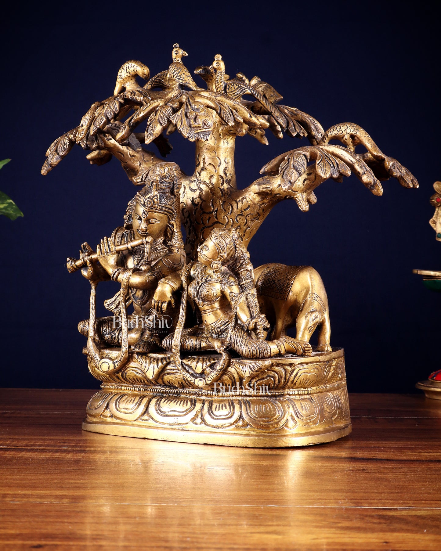 Brass Radha Krishna sitting Under Tree Idol - 10 inch