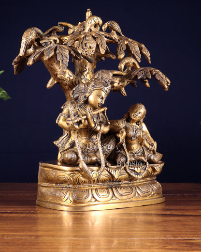 Brass Radha Krishna sitting Under Tree Idol - 10 inch