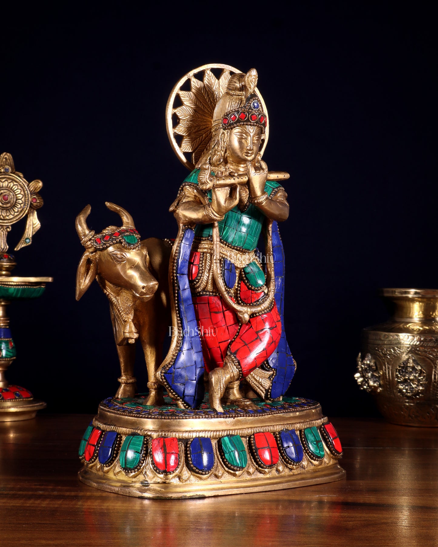 Pure Brass Lord Krishna Statue with cow idol 9"