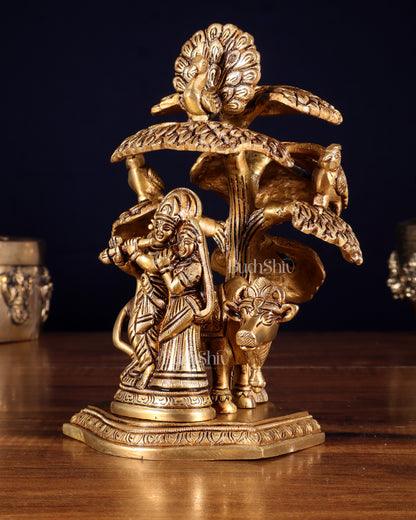 Superfine Brass Radha Krishna with Cow Under Tree Idol - 7" Height