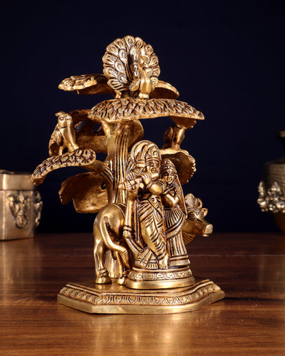 Superfine Brass Radha Krishna with Cow Under Tree Idol - 7" Height