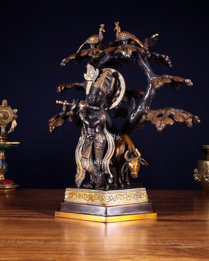 Brass Lord Krishna with Cow and tree statue black 13 inch