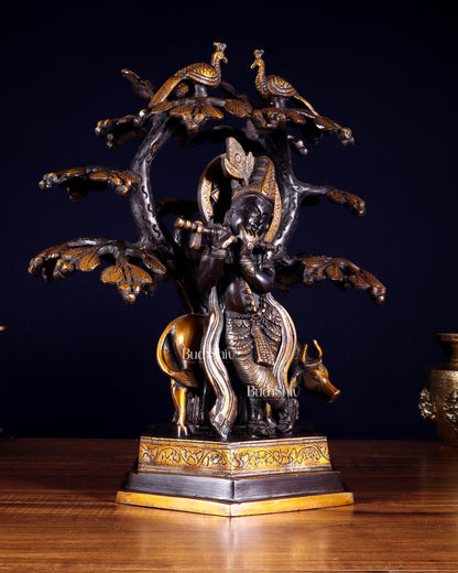 Brass Lord Krishna with Cow and tree statue black 13 inch