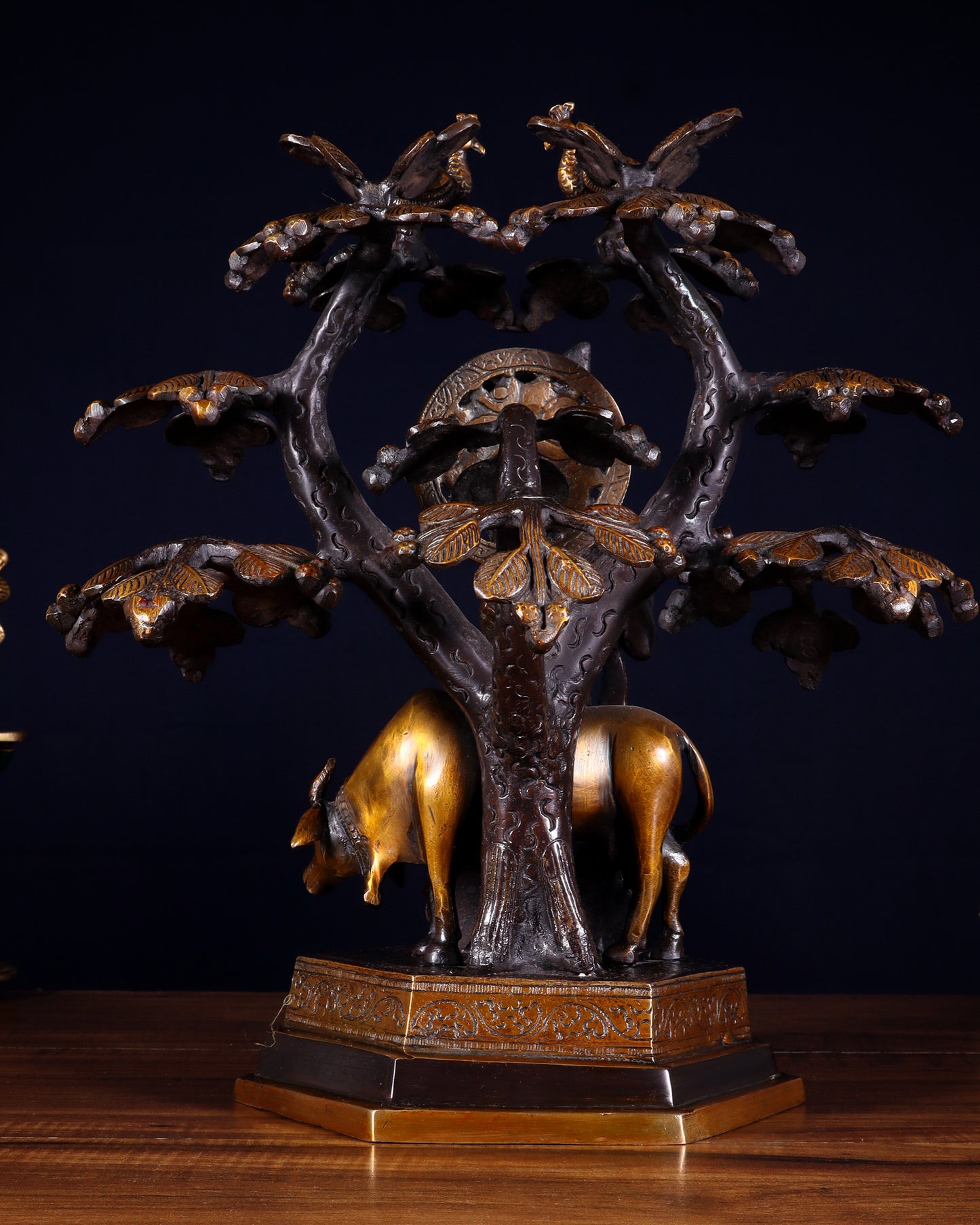 Brass Lord Krishna with Cow and tree statue black 13 inch
