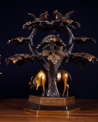 Brass Lord Krishna with Cow and tree statue black 13 inch