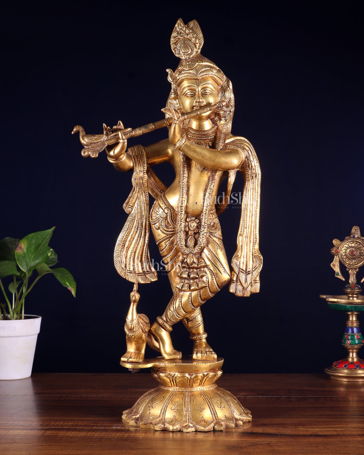 Brass Krishna Standing on a Lotus Base – Pure Brass Unique Sculpture 19"