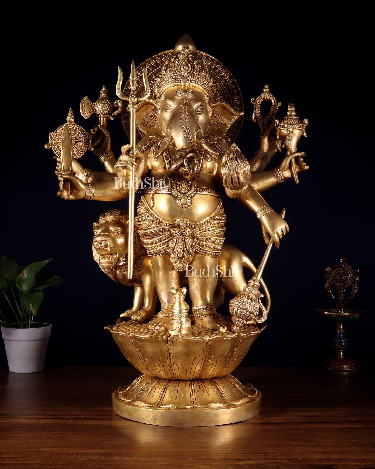 Pure Brass Large Kana Drishti Ganesha Standing with Lion Statue 24 inch