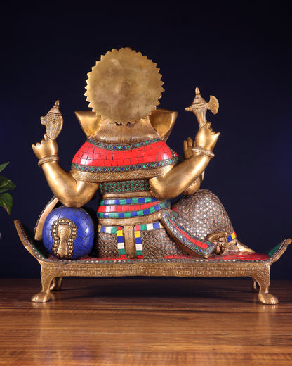 Brass Ganesha resting Statue with Stonework - 16 Inch