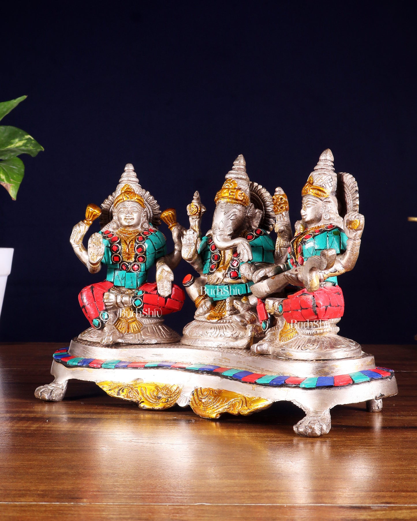 Ganesha Lakshmi Saraswati Brass Silver plated Idol with stonework 6.5"