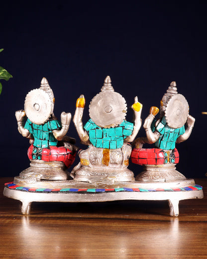 Ganesha Lakshmi Saraswati Brass Silver plated Idol with stonework 6.5"