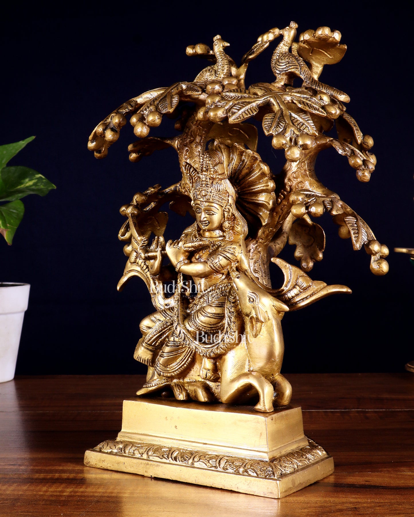 Brass Krishna sitting on Cow with Kalpavriksha | 12 inch