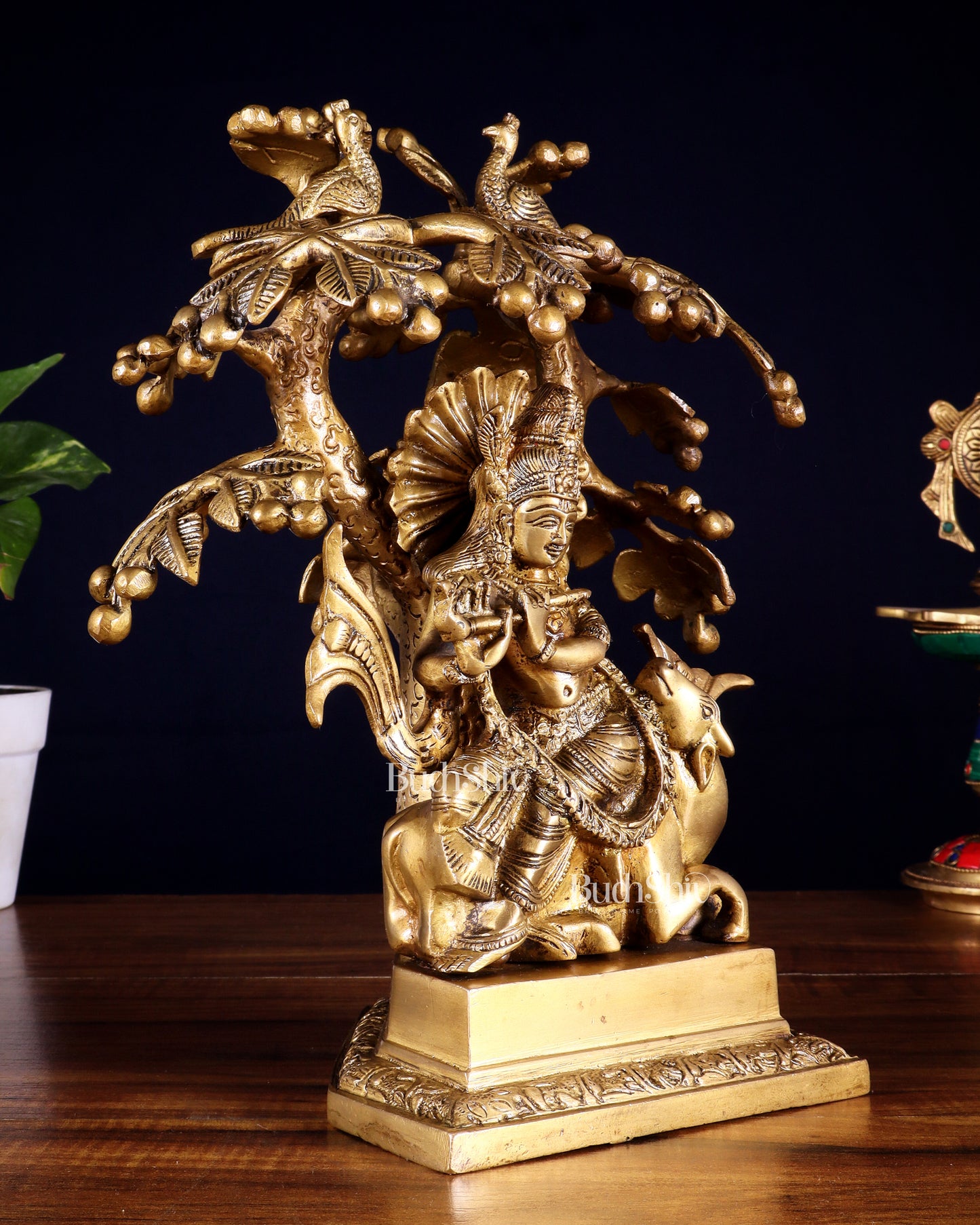 Brass Krishna sitting on Cow with Kalpavriksha | 12 inch