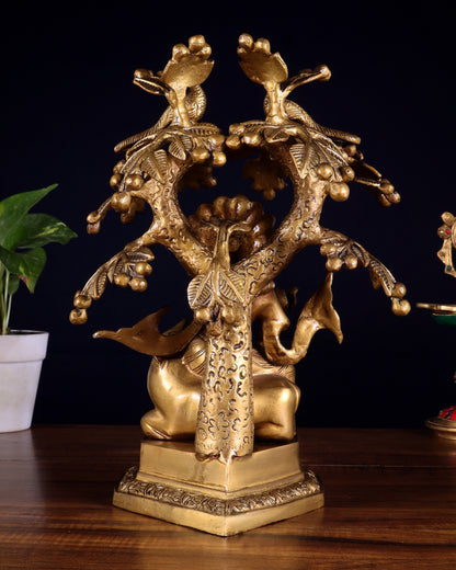 Brass Krishna sitting on Cow with Kalpavriksha | 12 inch