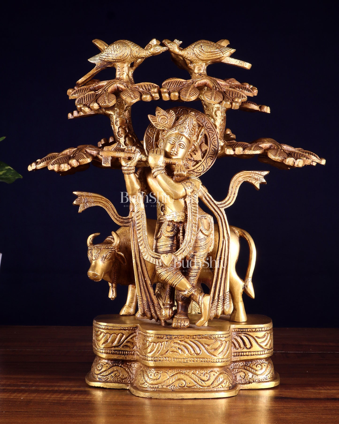 Pure Brass Krishna with Cow Under Kalpavriksha tree Statue 12 inch