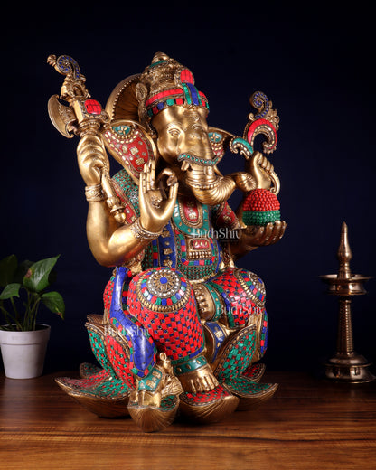 Pure Brass Lord Ganesha Statue - Seated on Lotus, 22" with stonework