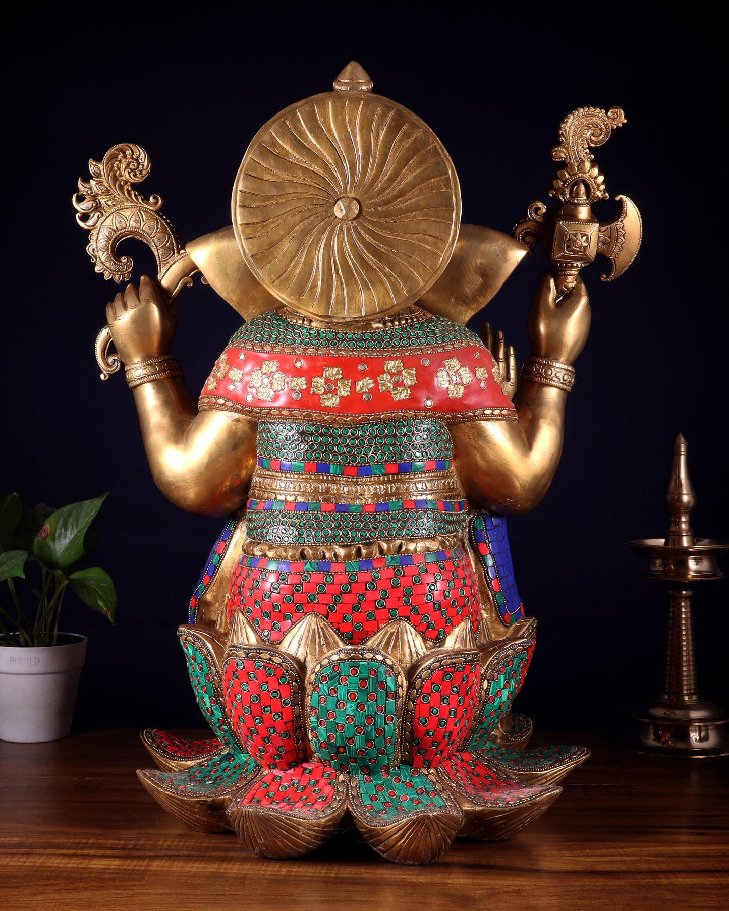 Pure Brass Lord Ganesha Statue - Seated on Lotus, 22" with stonework